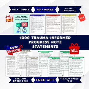 May include: A digital download set of 1000 trauma-informed progress note statements across 40 pages and 8 topics. The document includes various therapy forms and lists of clinical statements, featuring blue, red, yellow, and green headers.