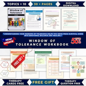May include: A digital workbook titled "Window of Tolerance" with over 30 pages. The cover features a colorful illustration. The image includes pages with text and graphics, and a "Free Gift" tag. The text includes "Therapy Cards Free".