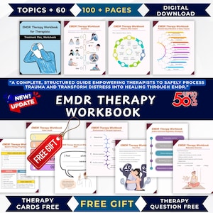 May include: A digital EMDR Therapy Workbook for therapists, featuring over 60 topics and 100+ pages. The workbook includes worksheets and treatment plans. The image also includes a "Free Gift" tag and a discount of up to 50%.