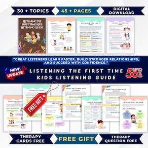 Może przedstawiać: Cyfrowe pobieranie zatytułowane "Listening the First Time Kids Listening Guide" z ponad 30 tematami i ponad 45 stronami. Przewodnik zawiera strony z ilustracjami i tekstem oraz etykietę "Darmowy prezent". Tekst brzmi: "Dobrzy słuchacze uczą się szybciej, budują silniejsze relacje i odnoszą sukces z pewnością siebie."