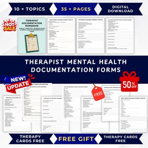 May include: A digital download of a therapist documentation workbook containing 35 plus pages and 10 plus topics. The collection includes various mental health documentation forms, clinical templates, and progress notes with text headings.