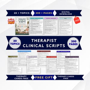Op de afbeelding: Een digitale download van Therapist Clinical Scripts met 20 onderwerpen en 200 pagina's tekst. Het document bevat diverse secties met klinische notities, therapievragen en begeleiding voor sessies, gepresenteerd in een heldere, georganiseerde lay-out.