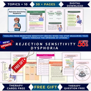 Könnte beinhalten: Ein digitales Download-Produkt mit dem Titel "Rejection Sensitivity Dysphoria". Das Bild zeigt Arbeitsblätter und Therapiekarten. Das Produkt umfasst über 30 Seiten und bietet ein kostenloses Geschenk.
