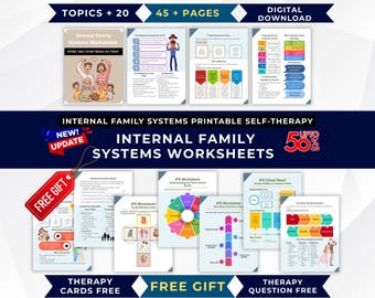 May include: A selection of Internal Family Systems worksheets, featuring the text "Internal Family Systems Worksheets" and "Internal Family Systems Printable Self-Therapy". The image includes a "Free Gift" tag and the text "Therapy Cards Free" and "Therapy Question Free".