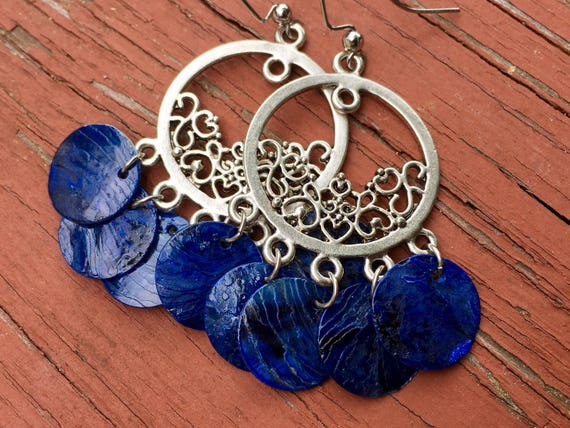 Dark Blue "Simply Chandelier" Mussel Shell Earrings