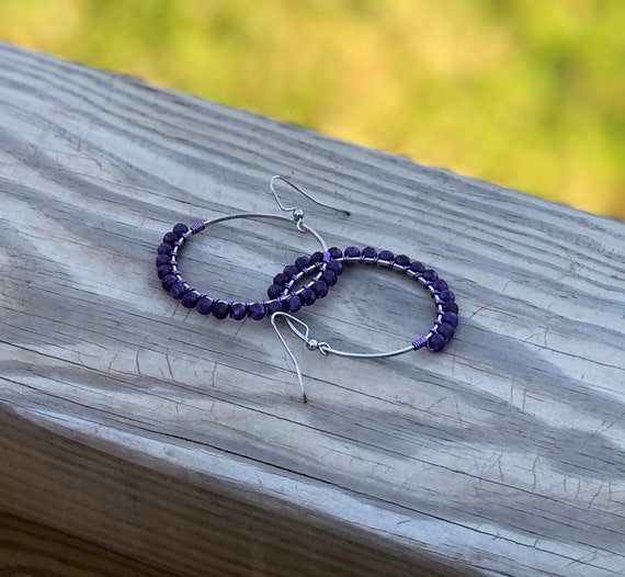 Wire Wrapped Purple Faceted Chandelier Earrings