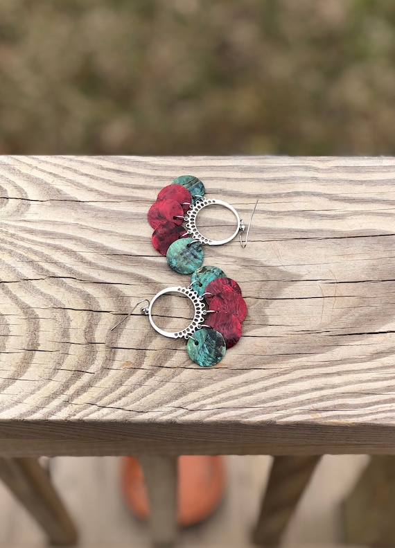 Dark Red & Teal Mussel Shell Chandelier Earrings