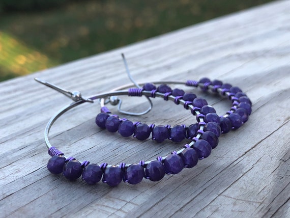 Wire Wrapped Purple Faceted Chandelier Earrings