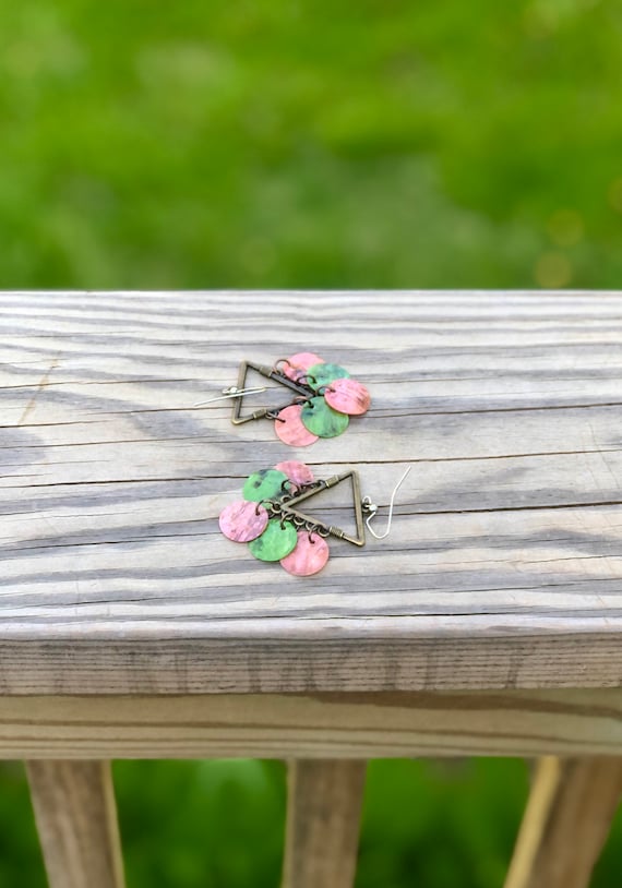 Pink & Gren Mussel Shell Chandelier Earrings