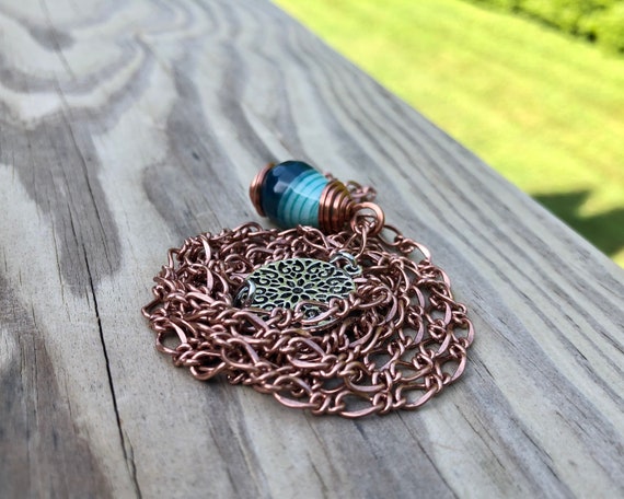 Blue Faceted Teardrop Wire Wraped Necklace
