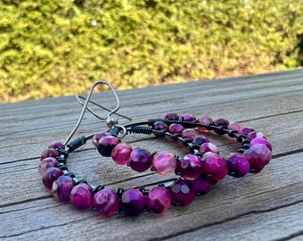 Pink Mixed Faceted Agate & Gunmetal Wire Wrapped Earrings