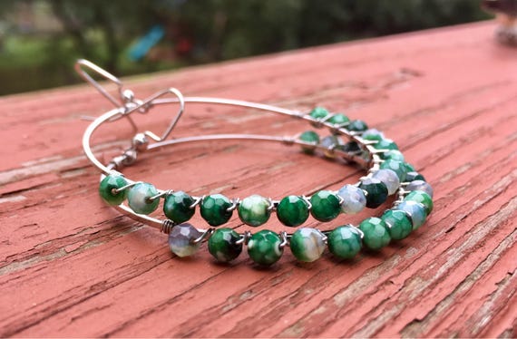 Wire Wrapped Green Faceted Agate Earrings