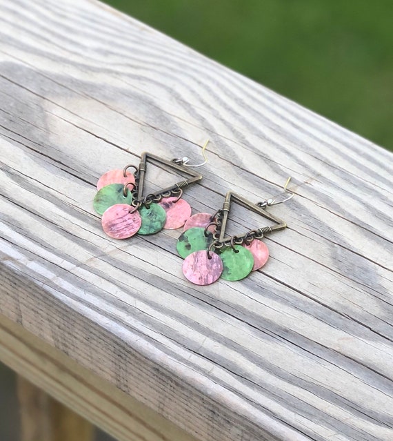Pink & Green Mussel Shell Chandelier Earrings