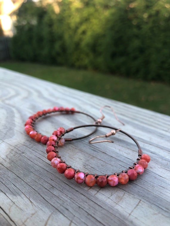 Wire Wrapped Pink Dragon Veins Agate Chandelier Earrings
