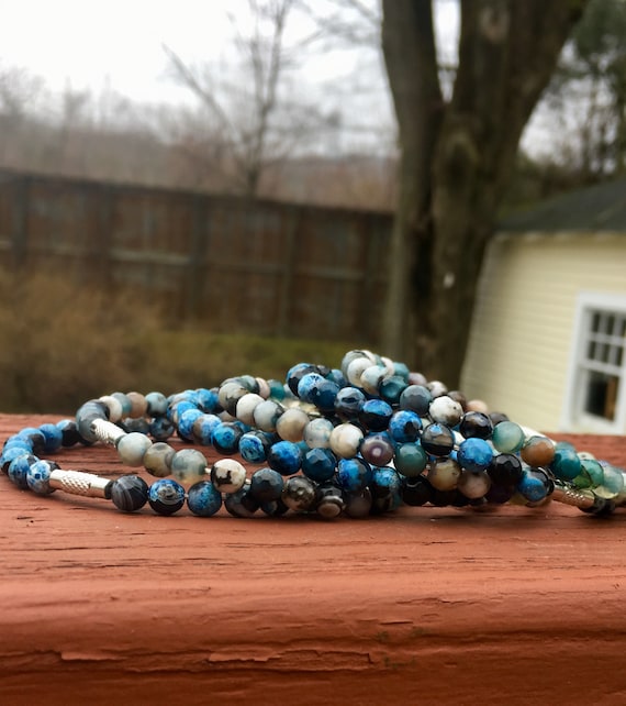 Dark & Light Blue Faceted Agate Beaded Stack Bangles