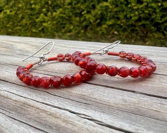 Orange Faceted Agate & Orange Wire Wrapped Earrings