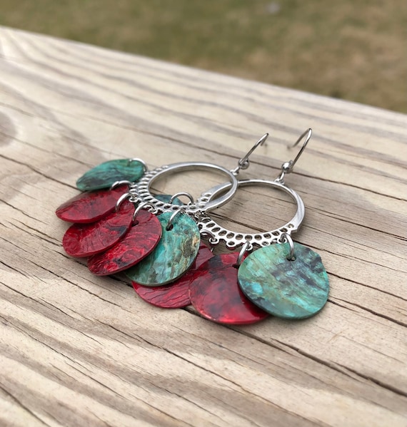 Dark Red & Teal Mussel Shell Chandelier Earrings