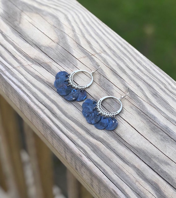 Dark Blue Mussel Shell Chandelier Earrings