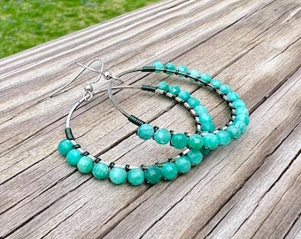 Green Faceted  Agate Teal Wire Wrapped Earrings