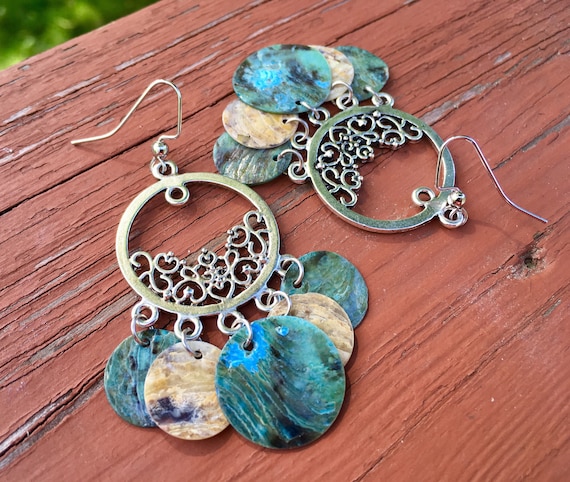 Light Blue & Natural "Simply Chandelier" Mussel Shell Earrings