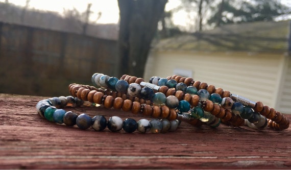 Blue Agate & Wood Beaded Stack Bangles