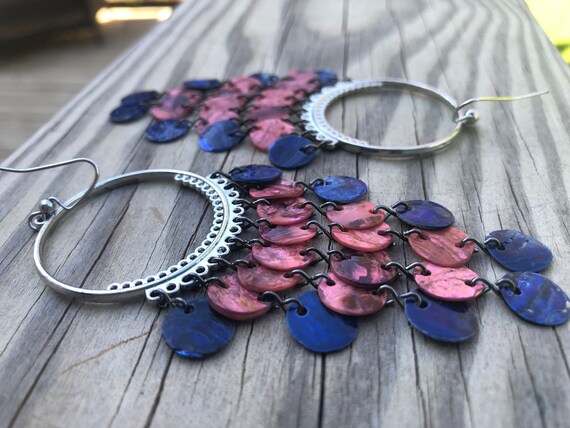 Pink & Dark Blue Mussel Shell Chandelier Earrings