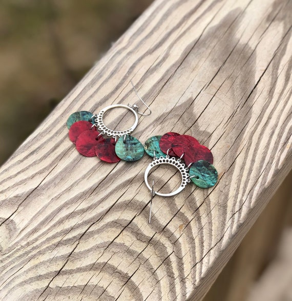 Dark Red & Teal Mussel Shell Chandelier Earrings
