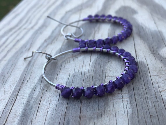 Wire Wrapped Purple Faceted Chandelier Earrings