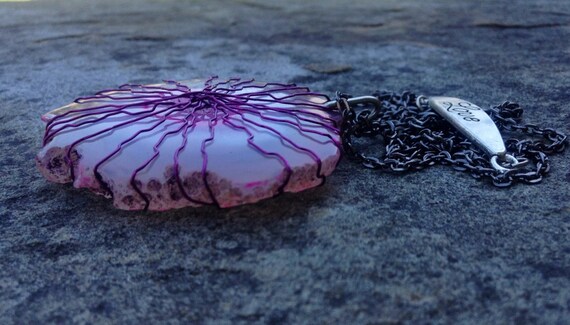 Pink Geode Agate Silver Wire Wrapped Slice Necklace