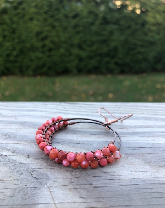 Wire Wrapped Pink Dragon Veins Agate Chandelier Earrings