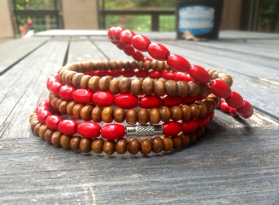 Red & Brown Wood Beaded Stack Bangles