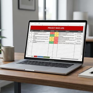 Puede incluir: Un ordenador portátil MacBook Pro plateado que muestra una hoja de cálculo "PROJECT RAID LOG" en un escritorio de madera. Una taza beige, un bloc de notas y un bolígrafo también están en el escritorio. La pantalla muestra una tabla.