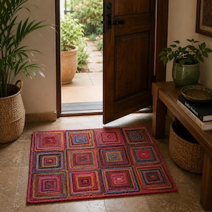 Multicolor Jute Area Rug, Handmade Patchwork Jute Rug, Boho Colorful Rug, Square Braided Rug, Eclectic Living Room Carpet