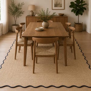 Op de afbeelding: Een rechthoekige eettafel van lichtbruin hout met vier bijpassende stoelen met gevlochten zittingen. De meubelset staat op een groot, rechthoekig, beige geweven tapijt met een opvallende, donkerblauwe, geschulpte randafwerking.