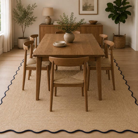 Handmade Scalloped Jute Rug, Natural Area Rug, Boho Rug, Farmhouse Decor Rug, Wavy Border Rug, Entryway Rug, Living Room Carpet