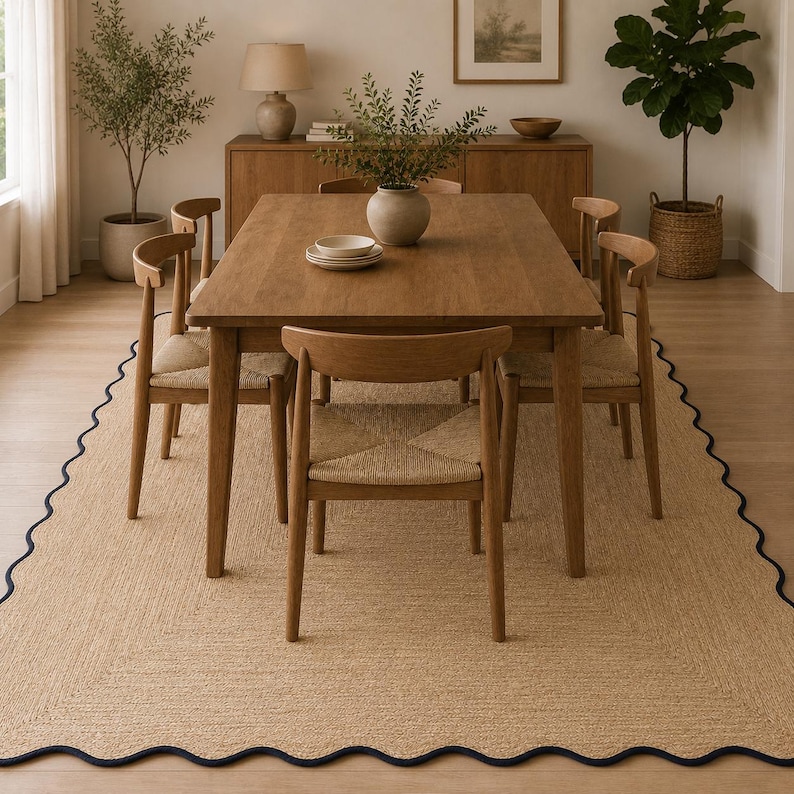 Op de afbeelding: Een rechthoekige eettafel van lichtbruin hout met vier bijpassende stoelen met gevlochten zittingen. De meubelset staat op een groot, rechthoekig, beige geweven tapijt met een opvallende, donkerblauwe, geschulpte randafwerking.
