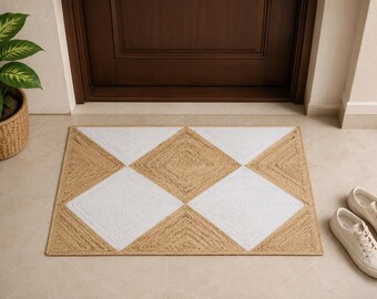 Natürlicher & weißer Jute-Teppich, Handgeflochtener Teppich mit Rautenmuster, Boho-Wohnzimmerteppich, Geometrischer Juteteppich
