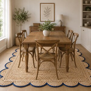 Geschulpt jute vloerkleed met blauwe rand, handgemaakt natuurlijk jute vloerkleed, boerderijtapijt kust, boho haltapijt, gevlochten jute, woonkamerdecor