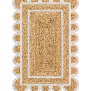 Ausgebogter Juteteppich mit weißer Borte, Handgefertigter Natürlicher Juteteppich, Bauernhausteppich Geflochtener Juteteppich, Wohnzimmerteppich, Eingangsbereich Bodenmatte Bild 6