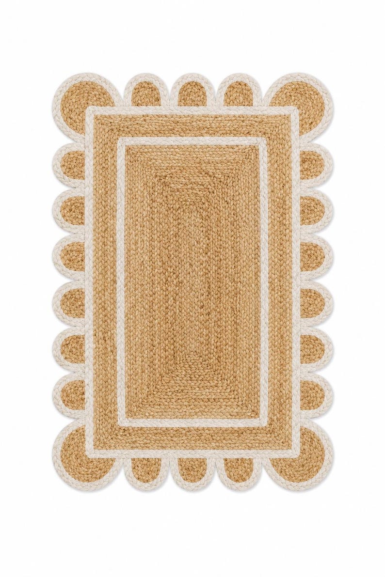 Ausgebogter Juteteppich mit weißer Borte, Handgefertigter Natürlicher Juteteppich, Bauernhausteppich Geflochtener Juteteppich, Wohnzimmerteppich, Eingangsbereich Bodenmatte Bild 6