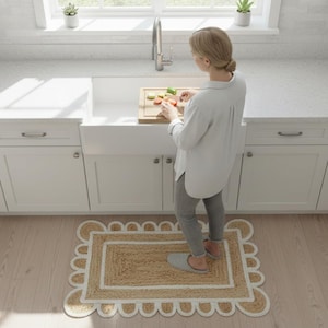 K&ouml;nnte beinhalten: Ein rechteckiger Jute-Teppich mit einer naturfarbenen Mitte und einem gewellten wei&szlig;en Rand. Der Teppich ist in einer strukturierten, geflochtenen Faseroptik gewebt und weist ein markantes, abgerundetes Kantenmuster auf, das den Mittelteil einrahmt.