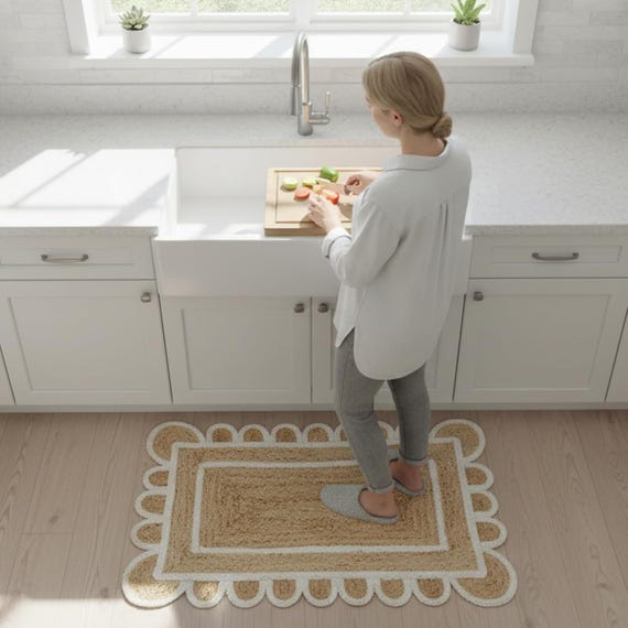 White Border Scalloped Jute Rug, Handmade Natural Jute Area Rug, Farmhouse Boho Rug Braided Jute Carpet, Living Room Rug, Entryway Floor Mat