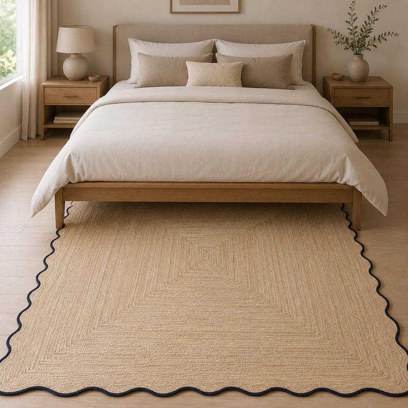 Op de afbeelding: Een rechthoekig vloerkleed van natuurlijk bruine gevlochten vezels met een geschulpte rand afgewerkt met een donkerblauwe bies. Het kleed ligt op een lichte houten vloer voor een bed met een beige hoofdeinde en neutraal beddengoed.