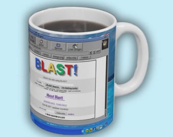 ¡Bioinformática BLAST! Taza con logo retro de motor de búsqueda / Ciencia / Estudiantes de posgrado / Diseño divertido de Internet con temática nostálgica