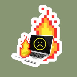 May include: A pixel art sticker of a silver laptop engulfed in bright yellow and red flames. The screen displays a yellow pixelated sad face icon. The text BIOLOGYOBSESSED is printed in black on the lower edge of the laptop base against a white border.