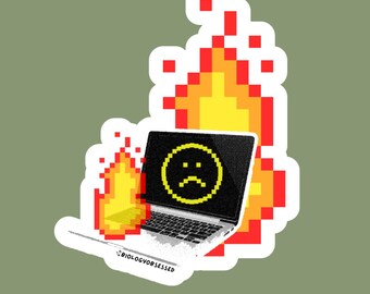 Burning Laptop Sticker | Funny Coding Decal Programmer Gift | Pixel Art Vinyl