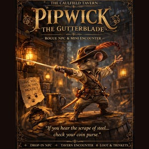 Peut inclure: Illustration fantastique d'un personnage de souris nommé Pipwick the Gutterblade, tenant une épée. L'image contient du texte : "The Caulfield Tavern" et "Avez-vous vu cette souris ?" Le thème est un PNJ voyou et une mini-rencontre.