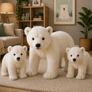 May include: Three plush polar bear figures in a living room setting. The largest bear stands, flanked by two smaller cubs. All are white with black eyes and noses, set on a neutral-toned rug. The scene includes a sofa, artwork, and plants.