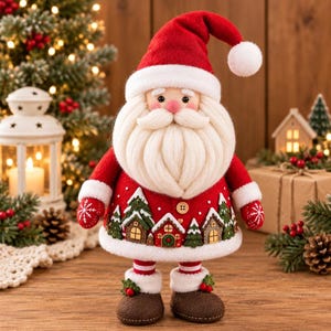 May include: A plush Santa Claus figurine wearing a red hat with a white pom-pom, a red coat featuring a white trim and a pattern of small houses and pine trees, white mittens with snowflake embroidery, and brown shoes with holly berry accents.