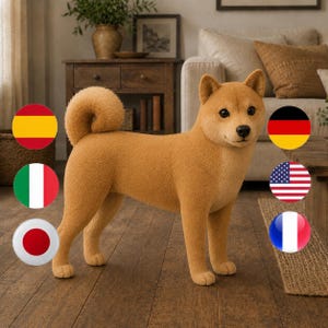 May include: A plush toy shaped like a Shiba Inu dog with golden-brown fur, a curled tail, upright triangular ears, and a black nose. The stuffed animal stands on four legs and features realistic dark eyes and a smooth, textured fabric finish.